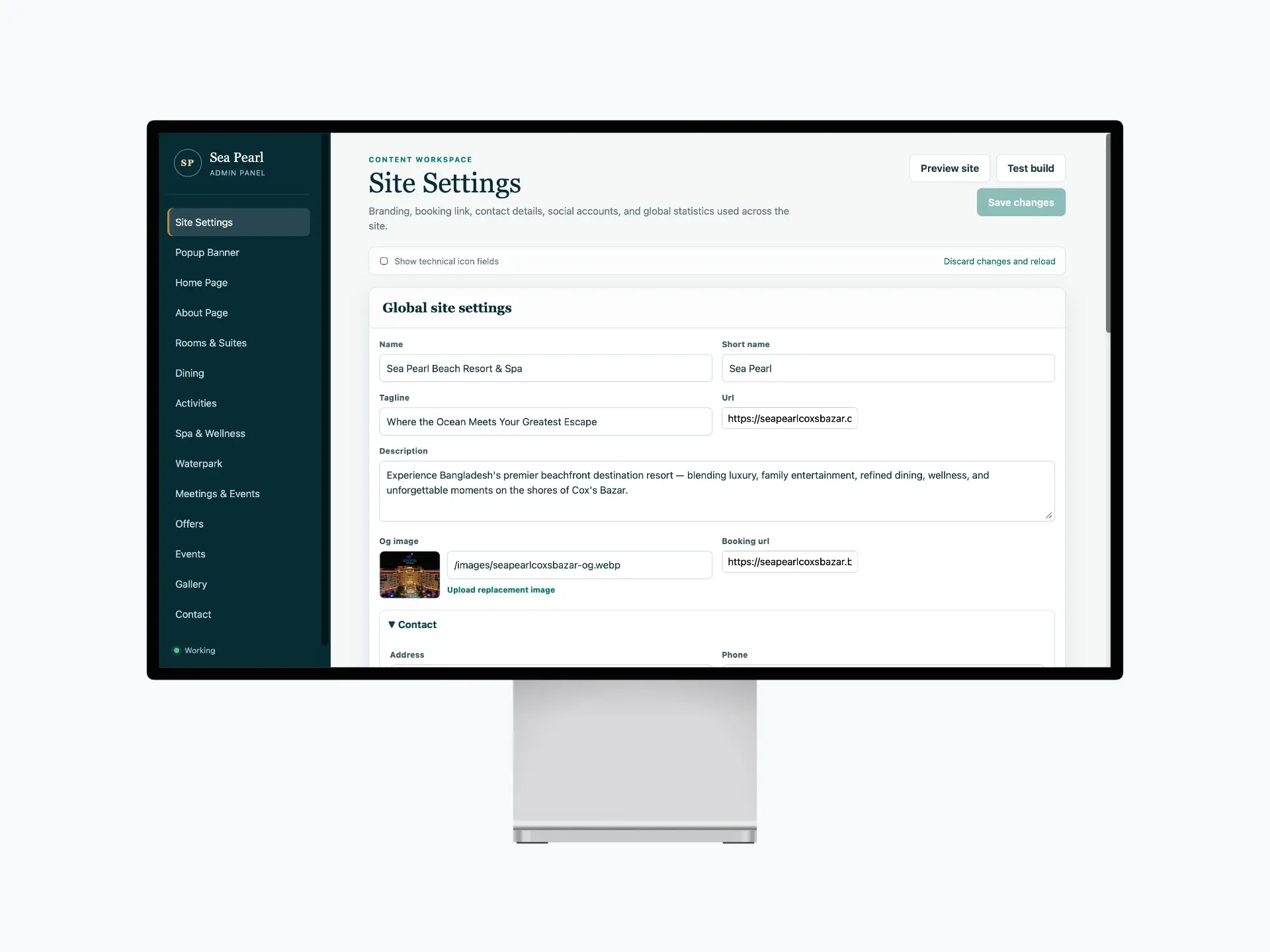 Custom Sea Pearl admin panel showing editable site settings and content sections