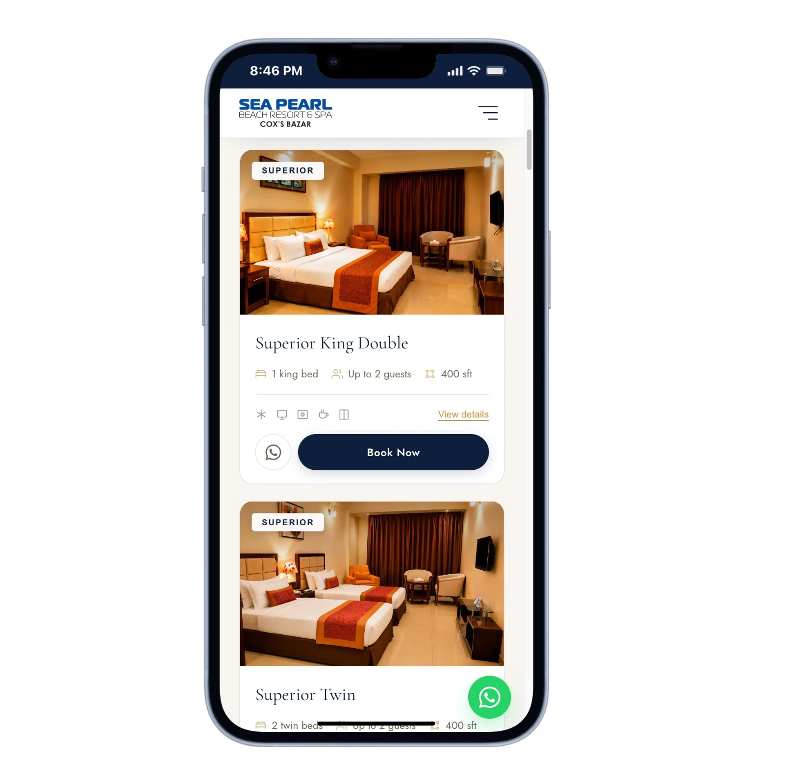 Rooms and suites page displayed on a mobile phone
